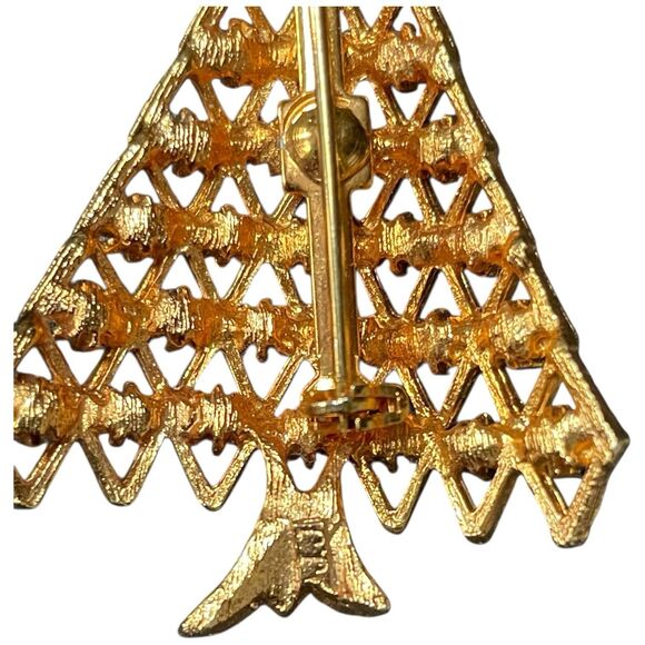 Vintage JJ Signed Christmas Tree Brooch Pin Gold Tone Rhinestone Holiday 2.25" - Picture 5 of 8